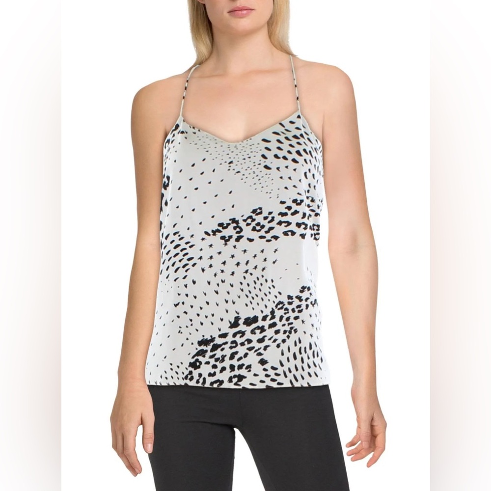 Tibi Womens 100% Silk Cami Tank Top Size 2 V Neck Racerback Leopard Ivory Black